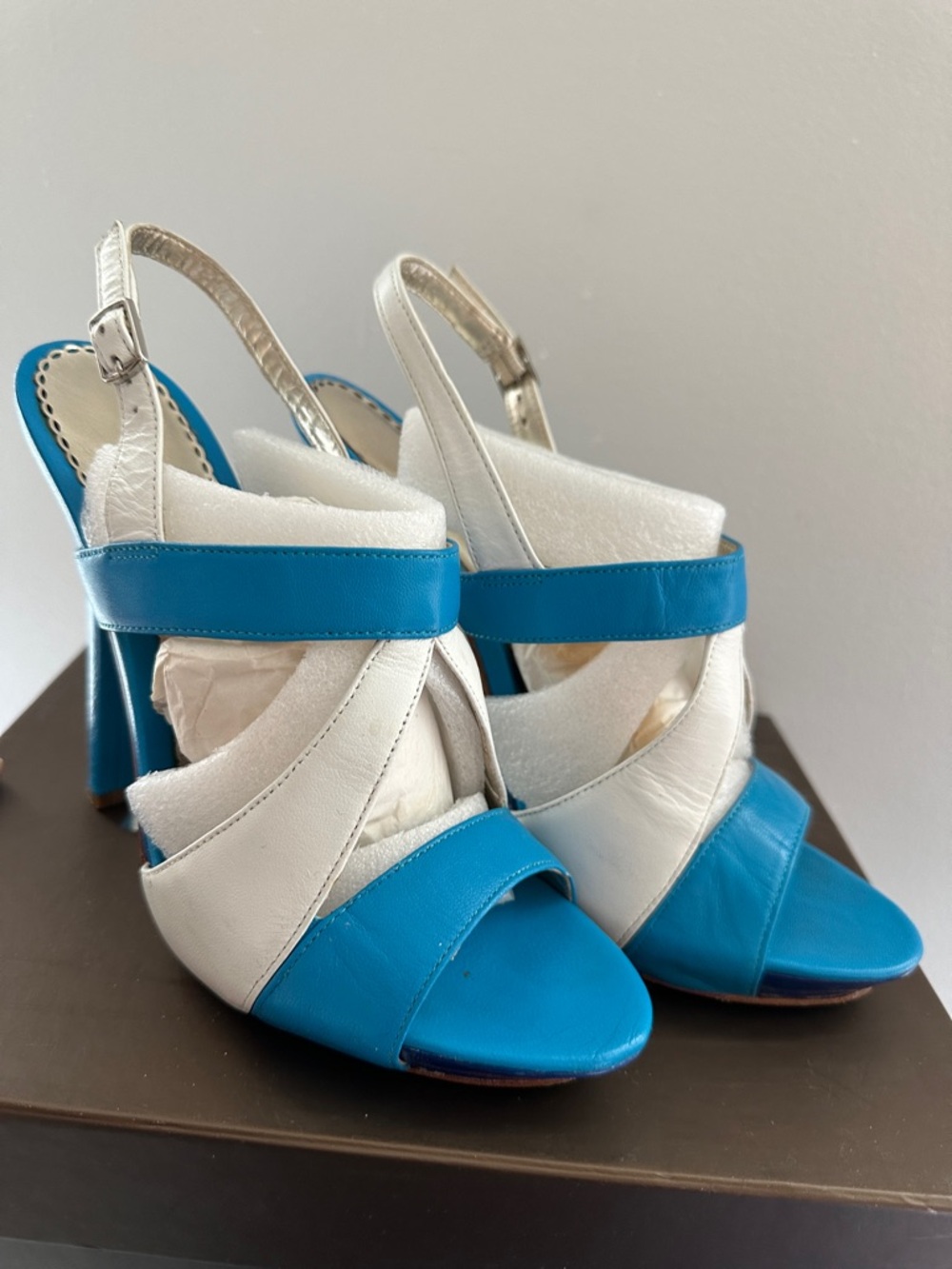 bebe White and Blue Strappy Leather Slingback Heels